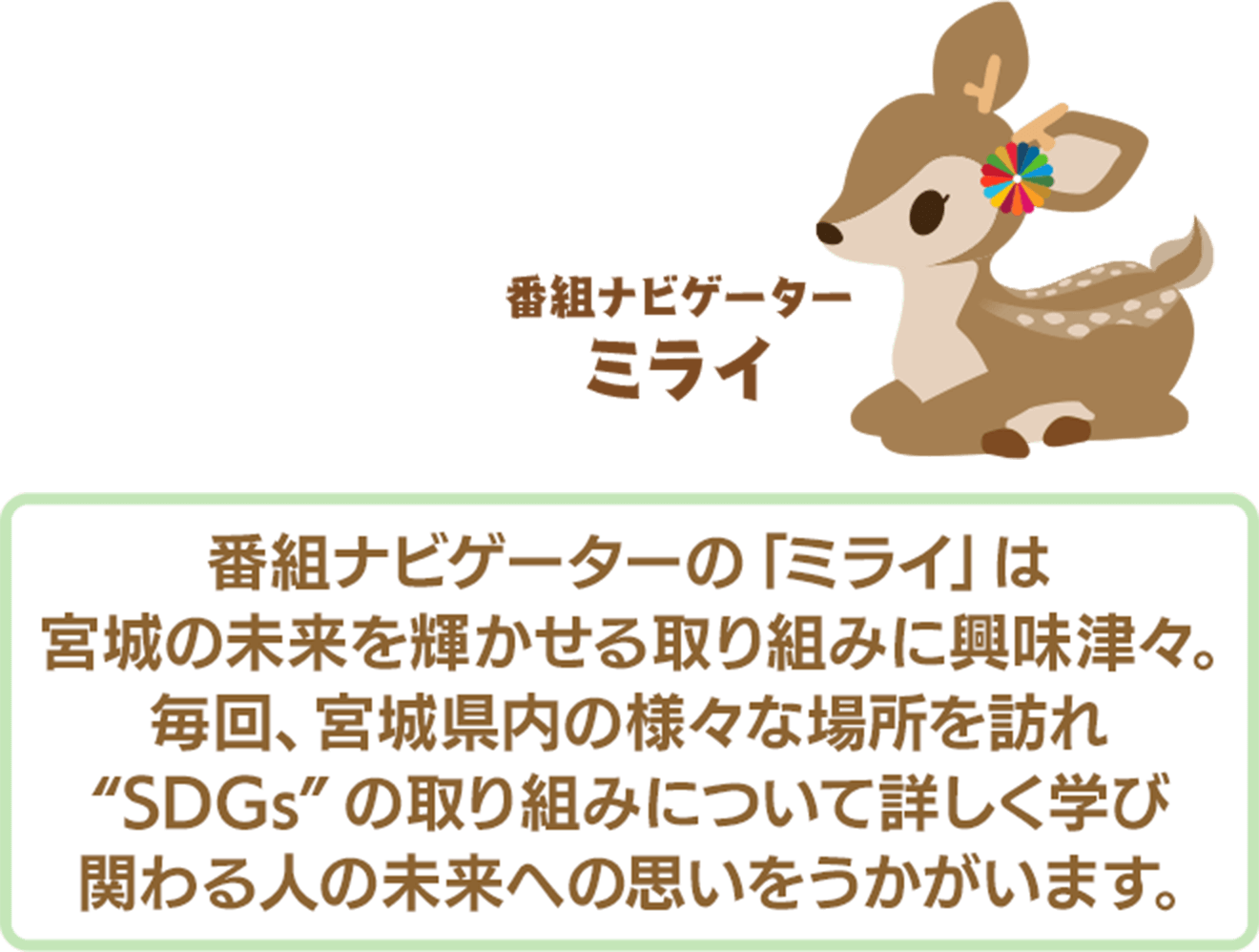 番組ナビゲーターの「ミライ」がSDGsの取り組みについて詳しく学び関わる人の未来への思いをうかがいます。